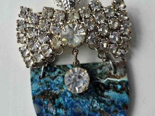 Blue gemstone pendant with vintage rhinestones on sterling silver chain
