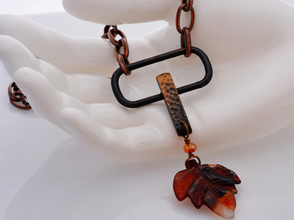 Mixed Media necklace with copper and agate, copyright Honey from the Bee
