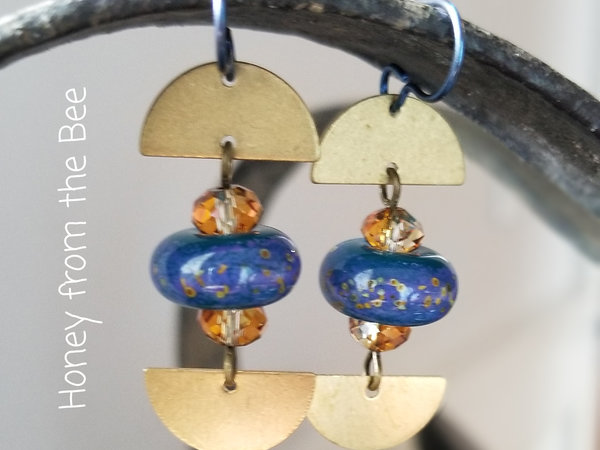 Blue and gold lampwork earrings