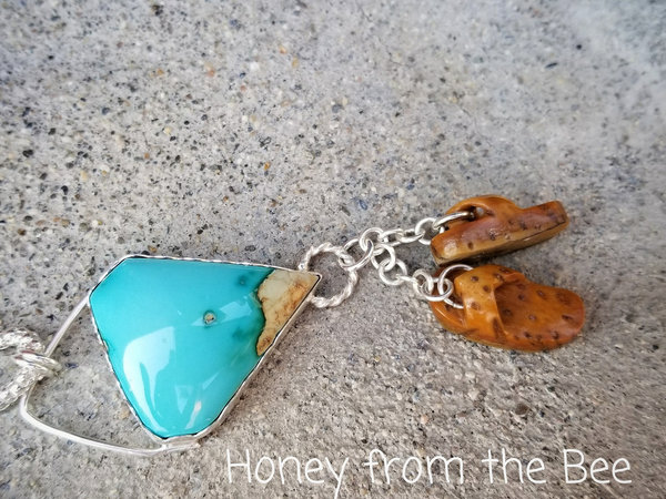 Blue Gem turquoise pendant with sandals dangling