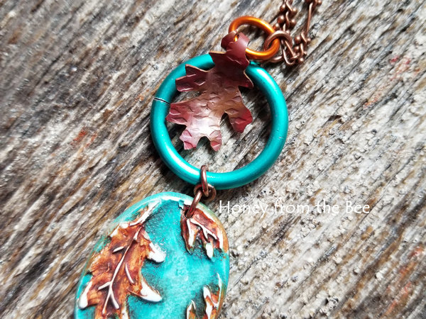 Teal and Copper Leaf necklace