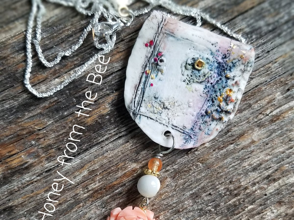 Coral, purple and white artisan necklace