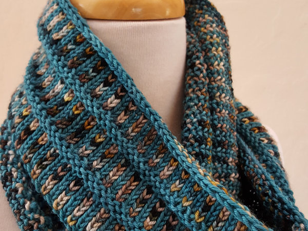 Teal and Cream hand-knit cowl