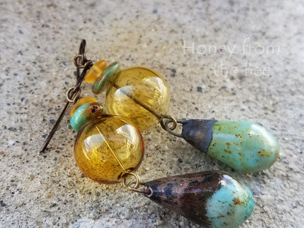 Amber and rustic turquoise drop earrings