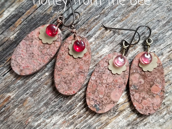 Red and pink Orbicular Rhyolite earrings