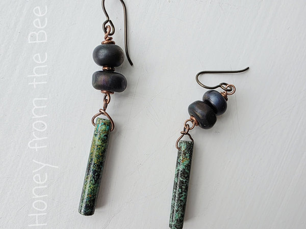 Turquoise earrings with lampwork and copper