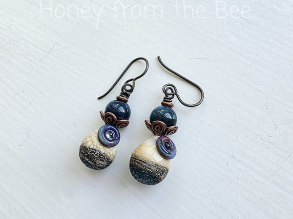 Lampwork earrings in blue-green and cream