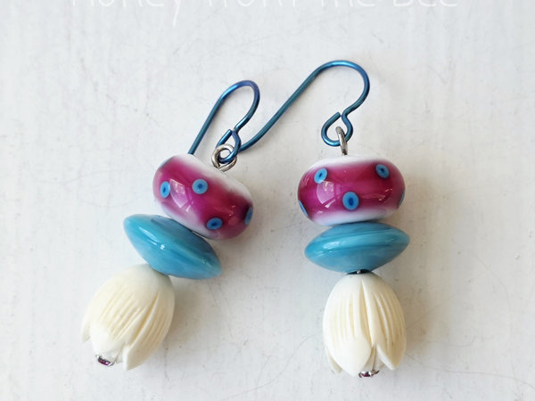 Lampwork earrings in turquoise, hot pink and white
