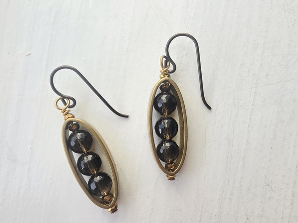 Smokey Quartz earrings in vintage brass oval