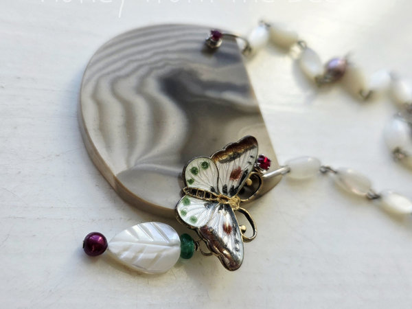 Butterfly necklace with pearls and Polish flint