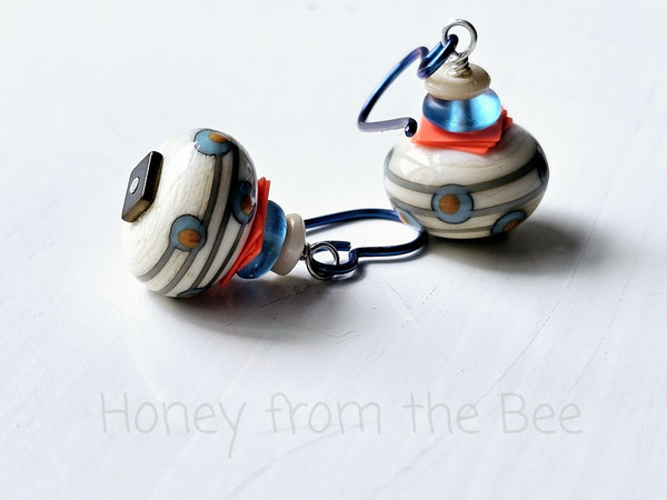 Cream, aqua and orange lampwork earrings