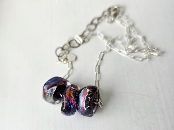 Red and blue lampwork necklace on sterling silver chain