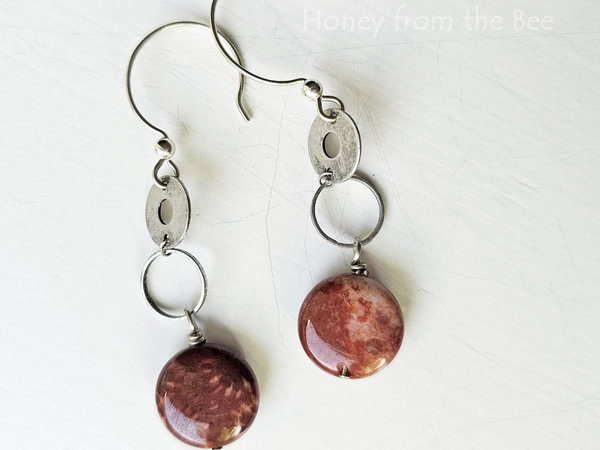 Circles earrings with red coral agate