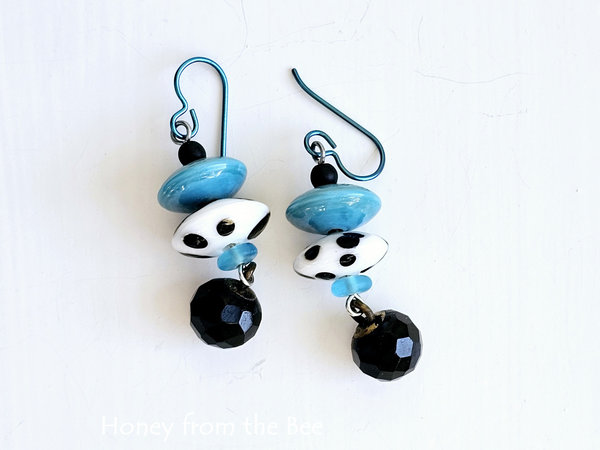 Lampwork earrings in aqua, black and white