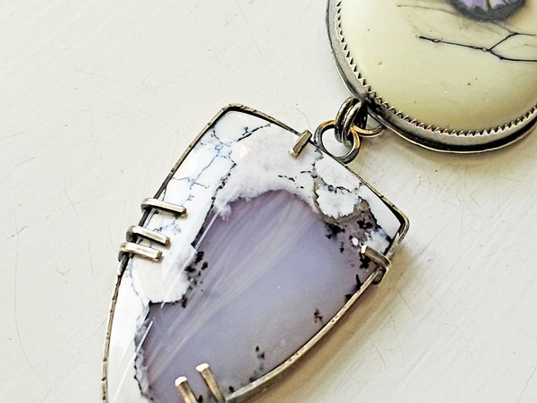 Dendritic Agate set in sterling silver with art glass cabochon in lavender and white pendant