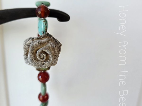 Sterling silver rose bracelet with turquoise and carnelian