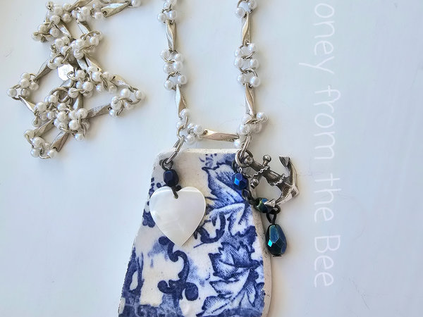 Blue and White Sea Pottery necklace with sterling silver anchor charm and MOP heart