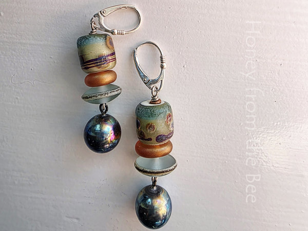 Statement earrings in aqua and copper