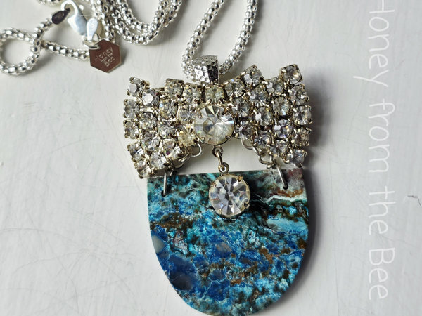 Chrysocolla pendant with vintage rhinestone bow