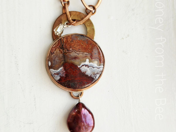 Crazy Lace Agate necklace with red coin pearl dangle