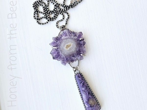 Lavender gemstone necklace in sterling silver features charoite and amethyst