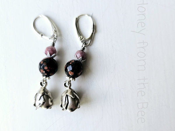 Silver Rosebud earrings with pink and black