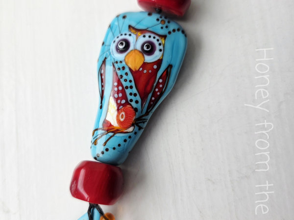 Owl necklace in turquoise and red