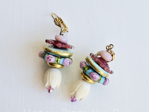 Bridal earrings in shades of pink, aqua and gold