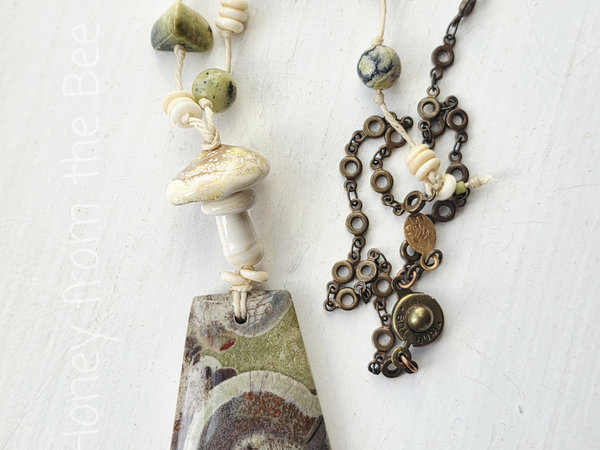 Mushroom Rhyolite necklace in green, brown and white