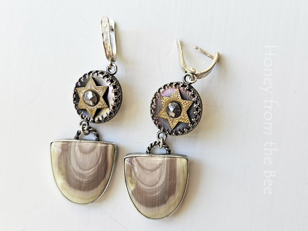 Imperial Jasper earrings with antique mother of pearl and steel cut buttons