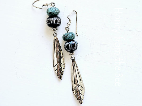 Silver and Turquoise earrings feature feather dangle