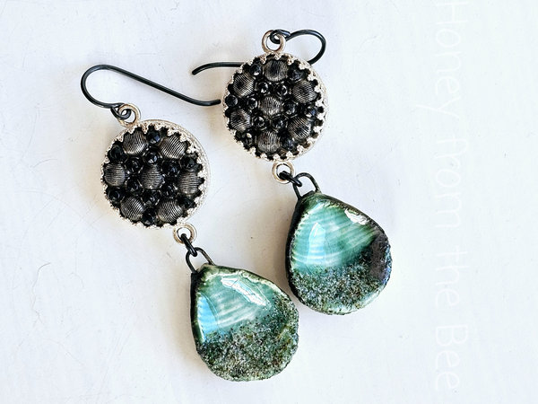 Antique black glass button earrings with aqua ceramic drops