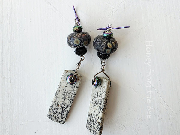 Jasper and lampwork earrings in iridescent and black