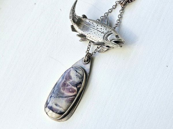 Sterling silver fish and gemstone pendant