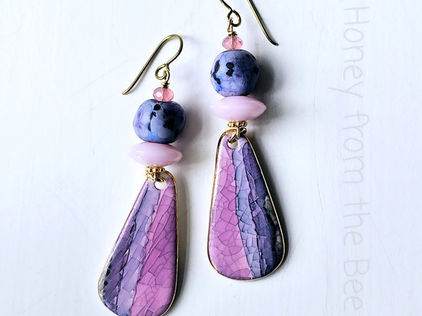 Purple and pink lampwork earrings with ceramic drops