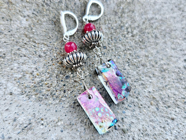 Dichroic earrings with pink chalcedony and ribbed sterling silver beads