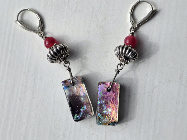 Dichroic glass earrings in pink and silver