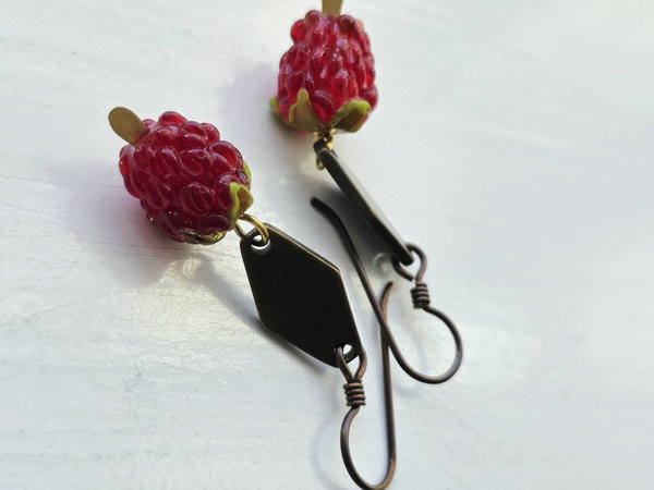 Red Raspberry earrings feature lampwork