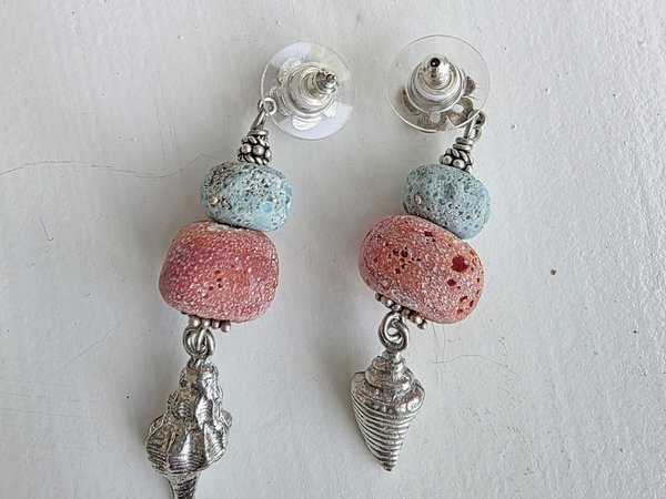 Coral and turquoise earrings feature lampwork and pewter charms