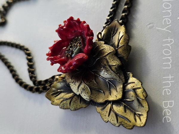 Red Poppy necklace with vintage brass leaves