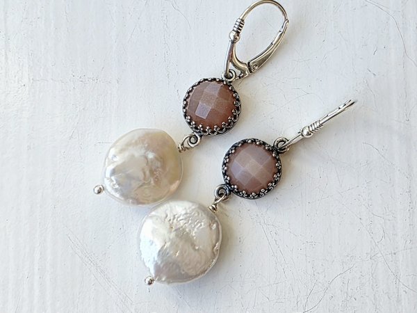 Peach moonstone earrings with coin pearls
