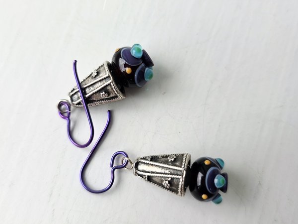 Lampwork earrings in silver and purple