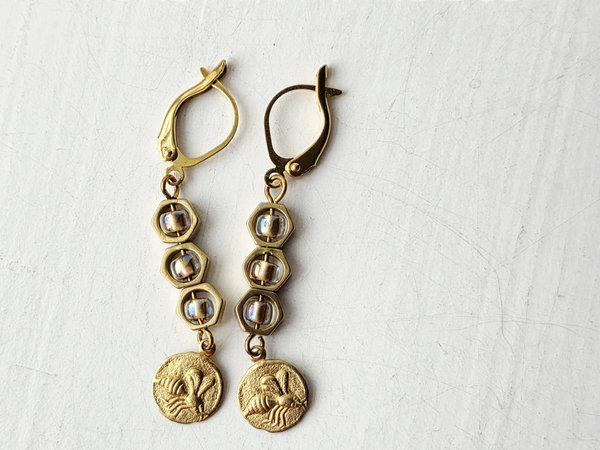 Honeycomb earrings with honeybee charm dangles