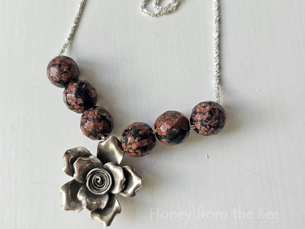 Sterling Silver rose necklace with red and black jasper beads