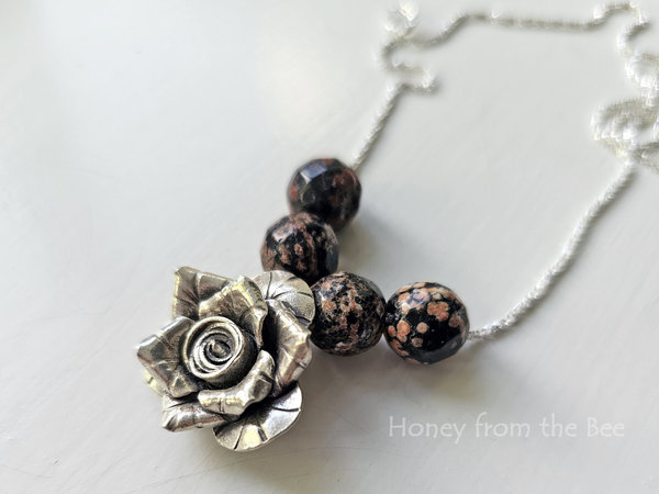 Silver Rose and faceted Mexican Red Snowflake Jasper necklace