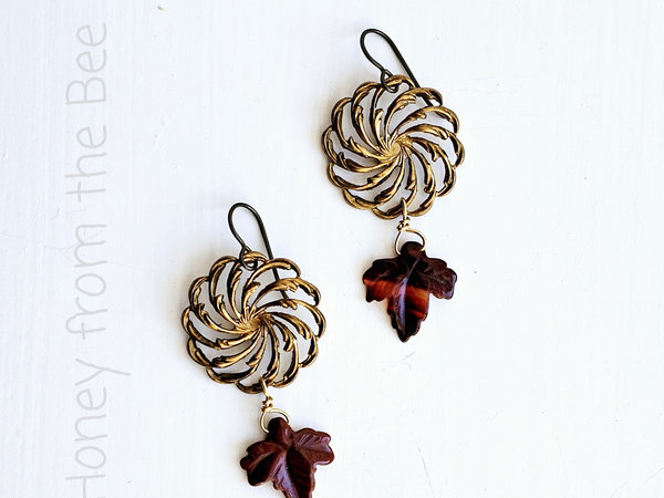 Red Fall leaf earrings with brass filigree