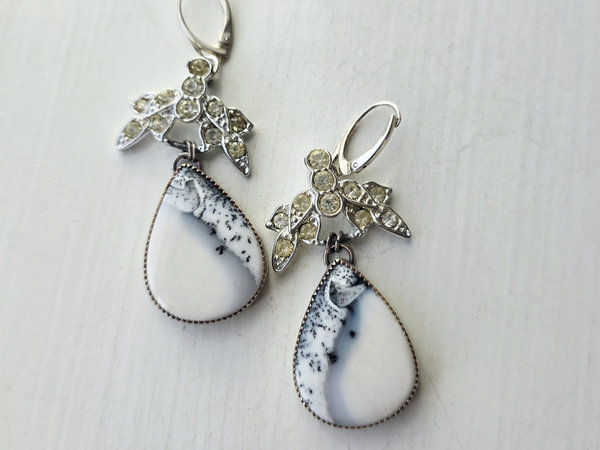 Dendritic Opal earrings with vintage crystals