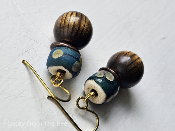 Teal Lampwork earrings with wood bead