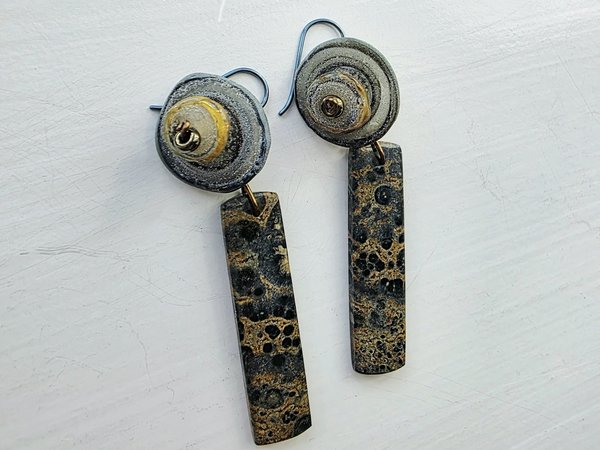 Artisan earrings in grey blue with sand tones 