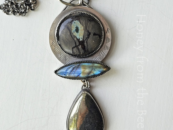 Labradorite and sterling silver pendant with apache gold teardrop and art glass cab